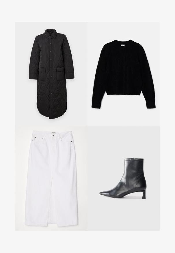 Mustat tikatut pitkät takki, jossa on kärjellinen kaulus, etuosan napitus ja kaksi päällyslaukkua. Sileä tekstuuri, jossa on timanttikuvio.; Mustavilla lyhyt neuletakki, joka on valmistettu paksusta materiaalista. Siinä on pyöreä kaula-aukko ja pitkät hihat, joilla on pehmeä rakenne. Minimalistinen muotoilu, ei kuvioita.; Valkoinen farkuhame, jossa on etuläppä, viisi taskua, metallivaihteet ja vetoketjukiinnitys sekä ommeltu helmadetails.; Musta nahkainen nilkkabotti, jossa on teräväkärkinen muotoilu ja tyylikäs design. Varusteena matala korko ja takana vetoketjukiinnitys. Sileä pinta.