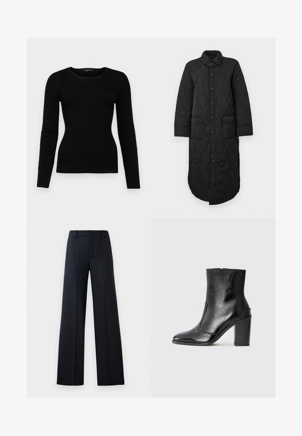 Cappotto lungo trapuntato nero con colletto a punta, chiusura frontale con bottoni e due tasche a toppa. Tessuto liscio con un motivo a diamante.; Maglione nero a coste con maniche lunghe, colletto a giro e silhouette aderente, realizzato in materiale morbido e con un motivo testurizzato.; Pantaloni a gamba larga neri. Fit sartoriale con una texture liscia. Presentano una fila di borchie metalliche lungo le cuciture laterali per un tocco di dettaglio.; Stivale alla caviglia in pelle nera, con una superficie liscia, punta affilata e tacco alto e massiccio. Presenta una apertura laterale e un design minimalista.