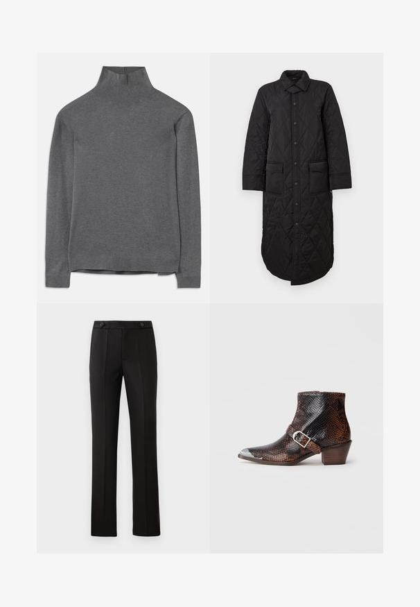 Cappotto lungo trapuntato nero con colletto a punta, chiusura frontale con bottoni e due tasche a toppa. Tessuto liscio con un motivo a diamante.; Maglione grigio a collo alto realizzato in un tessuto morbido, con maniche lunghe, collo e orlo a coste e una vestibilità comoda. Texture liscia e design semplice.; Pantaloni neri su misura con gamba dritta, due tasche frontali, chiusura con bottone e dettagli con pieghe sul davanti. Tessuto morbido.; Stivali alla caviglia in stampa serpente nera e marrone con punta in metallo silver, accentati da una fibbia e un tacco in legno basso. Texture liscia, design aderente.