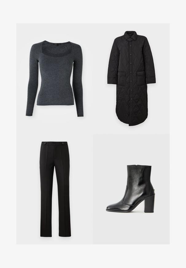 Mustan tikitud pikk mantel terava krae, esise nööbiga kinnitus ja kaks kleittaskut. Sile tekstuur diamantrikkaga.; Tumehall pikkade varrukatega ribakudumiga sviiter, millel on ruudukujuline kaelus ja tekstuuriga muster rinnal. Valmistatud pehmest kudumist.; Mustad kohandatud püksid sirge säärega, kahe esipocketiga, nup closure'iga ja volditud detailidega ees. Sile kangatekstuur.; Must kõvale nahast pahklipsu saapad, millel on sile tekstuur, terav varvas ja paks kõrge kann. Omab külgavatust ja minimalistlikku disaini.
