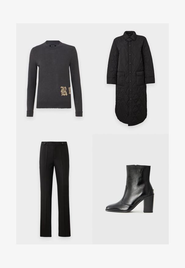 Melna izšūta garā mēteli ar norādītu apkakli, priekšējo pogu aizdari un divām kabatām. Gluda tekstūra ar dimanta rakstu.; Pelēks garām piedurknēm džemperis, kas izgatavots no mīksta adījuma materiāla, ar lielu bežīgu burtu "R" apakšējā kreisajā stūrī. Apaļa kakla izgriezums un pieguļošas piedurknes.; Melnas pielāgotas bikses ar taisnu kāju, divām priekšējām kabatām, pogu aizdari un liekumu detaļām priekšpusē. Gluda auduma tekstūra.; Melnas ādas potīšu zābaki ar gludu tekstūru, smailu purngalu un masīlu augstu papēdi. Iekļauts sānu atvērums un minimālistisks dizains.