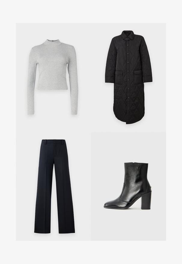 Crni duguljasti kaput s točkastim ovratnikom, prednjim kopčanjem na gumbe i dva zakrpa džepa. Glatka tekstura s dijamantnim uzorkom.; Svijetlosiva rebrasta majica s dugim rukavima i stojećim izrezom, u uskom kroju, s malim patentnim zatvaračem na leđima. Glatka tekstura kroz cijelu površinu.; Hlače širokih nogavica u crnoj boji. Prilagođeni kroj s glatkom teksturom. Imaju red metalnih zakovica duž bočnih šavova kao detalj.; Crna kožna čizma do gležnjeva s glatkom teksturom, špicastim vrhom i debelim visokim potpeticama. Ima bočni otvor i minimalistički dizajn.