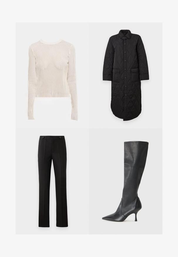 Melna izšūta garā mēteli ar norādītu apkakli, priekšējo pogu aizdari un divām kabatām. Gluda tekstūra ar dimanta rakstu.; Ilgiem piedurkņu tops, izgatavots no caurspīdīga, svītraina auduma krēmkrāsas un bēša toņos; pieguļošs dizains ar apaļu kakla izgriezumu un ribotu tekstūru.; Melnas pielāgotas bikses ar taisnu kāju, divām priekšējām kabatām, pogu aizdari un liekumu detaļām priekšpusē. Gluda auduma tekstūra.; Ceļa auguma melni ādas zābaki ar smailu purngalu un šauru stiletto papēdi. Gluda tekstūra ar pieguļošu dizainu un izšuvumiem augšējā malā.