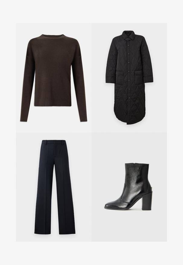 Casaco longo preto acolchoado com gola pontuda, fecho frontal com botões e dois bolsos de chapa. Textura suave com padrão de diamante.; Sweater de malha escura castanha de mangas longas, com decote redondo e punhos e barra canelados, exibido sobre um fundo branco liso.; Calças de perna larga em preto. Corte ajustado com uma textura suave. Apresenta uma fileira de tachas metálicas ao longo das costuras laterais para detalhe.; Bota ankle preta em pele com uma textura suave, bico fino e um salto alto robusto. Apresenta uma abertura lateral e um design minimalista.