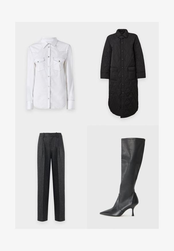 Sort vatteret lang frakke med en spidse krave, frontlukning med knapper og to påsyede lommer. Glat tekstur med et diamantmønster.; Hvid langærmet skjorte med spids krave, to brystlommer, kontrasterende syninger og afrundet kant. Har metalknapper.; Skreddersydde bukser i mørkegråt stoff med lyse striper, med rett snitt, frontfolder og en glatt tekstur.; Knæhøje sorte læderstøvler med spidse tæer og slanke stiletto-hele. Glat tekstur med en tætsiddende design og syninger ved toppen.