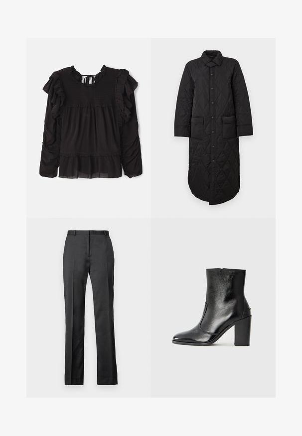 Palton lung negru matlasat, cu guler ascuțit, închidere cu nasturi în față și două buzunare aplicate. Textură netedă cu un model în diamant.; Bluză neagră cu accente volănașe, textură smockat la bust, mâneci lungi și un tiv în straturi cu detalii din material transparent.; Pantaloni negri măsurați, realizati dintr-un material neted. Au un design cu picior drept, față plată și detalii subtile de pliuri.; Botină din piele neagră, cu o textură netedă, vârf ascuțit și toc gros, înalt. Dispune de o deschidere laterală și un design minimalist.