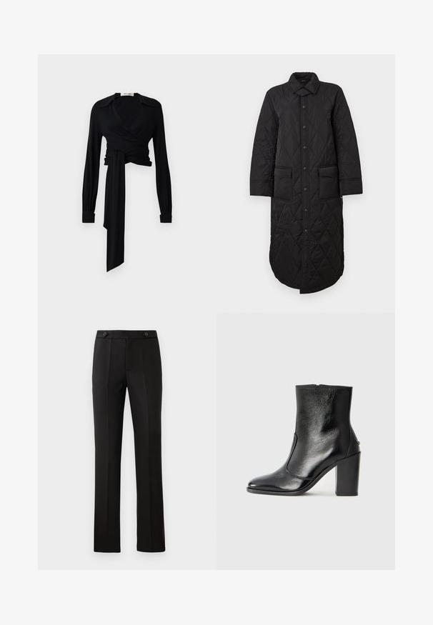 Juodas siuvinėtas ilgas paltas su smailiu apykakliu, priekyje mygtukų užsegimas ir dvi kišenės. Lygi tekstūra su deimanto raštu.; Juodas apvalus palaidinė su ilgomis rankovėmis, plačia apykakle ir raišteliu ties liemeniu. Pagaminta iš glotnaus audinio su lengva tekstūra.; Juodos pritaikytos kelnės su tiesiomis kojomis, dviem priekinėmis kišenėmis, mygtuko uždarymu ir raukšlėmis priekyje. Glotnaus audinio tekstūra.; Juodas odinis kulkšninis batas su lygiu paviršiumi, smailiu pirštu ir masyviu aukštu kulnu. Savybė - šoninis atidarymas ir minimalistiškas dizainas.