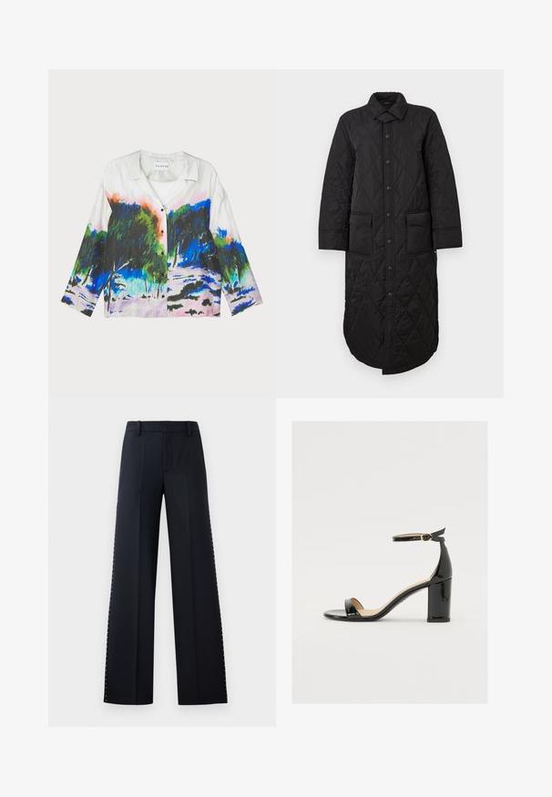 Crni duguljasti kaput s točkastim ovratnikom, prednjim kopčanjem na gumbe i dva zakrpa džepa. Glatka tekstura s dijamantnim uzorkom.; Košulja kratkih rukava s bijelom tkaninom i živopisnim apstraktnim pejzažnim uzorkom u zelenim, plavim i ružičastim nijansama; prednji završetak na gumbe.; Hlače širokih nogavica u crnoj boji. Prilagođeni kroj s glatkom teksturom. Imaju red metalnih zakovica duž bočnih šavova kao detalj.; Crne lakirane sandale s širokim potpeticama, otvorenim prstima i remenom oko gležnja s zlatnom kopčom. Glatka tekstura i elegantan dizajn.