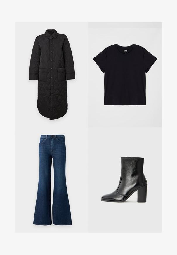 Zwarte doorstikte lange jas met een puntige kraag, sluiting met knopen aan de voorkant en twee opgestikte zakken. Gladde textuur met een ruitenpatroon.; Zwarte T-shirt met korte mouwen, gemaakt van zachte katoen. Klassiek ontwerp met ronde hals en een eenvoudige, ongecompliceerde uitstraling met een comfortabele pasvorm.; Donkerblauwe hoge taille uitlopende jeans met een knoop aan de voorkant, ritssluiting en vijf zakken op een witte achtergrond.; Zwarte leren enkelboot met een gladde textuur, spitse neus en een gedurfde hoge hak. Beschikt over een zijopening en een minimalistisch ontwerp.