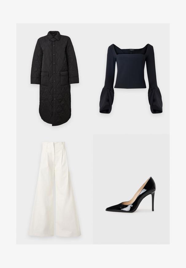 Black quilted long coat with a pointed collar, front button closure, and two patch pockets. Smooth texture with a diamond pattern.; Black long-sleeve top with a square neckline, featuring voluminous cuffed sleeves and a fitted bodice made from a smooth fabric.; White wide-leg trousers made of cotton, featuring a high waist, pleats at the front, and a clean design without pockets.; Black patent leather high-heeled pump with a pointed toe design and a sleek silhouette. Features a smooth, shiny finish and a slender stiletto heel.