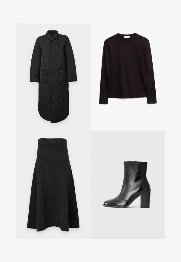 Manteau long noir matelassé avec un col pointu, fermeture par boutons sur le devant et deux poches à rabat. Texture lisse avec un motif en losanges.; T-shirt noir à manches longues et col rond en tissu texturé, avec un ourlet droit et des accents cousus au col et aux épaules.; Une jupe en feutre vert foncé avec une silhouette évasée, taille haute et texture lisse. L'ourlet est doucement courbé pour un aspect fluide.; Bottine en cuir noir, avec une texture lisse, un bout pointu et un talon chunky haut. Présente une ouverture sur le côté et un design minimaliste.