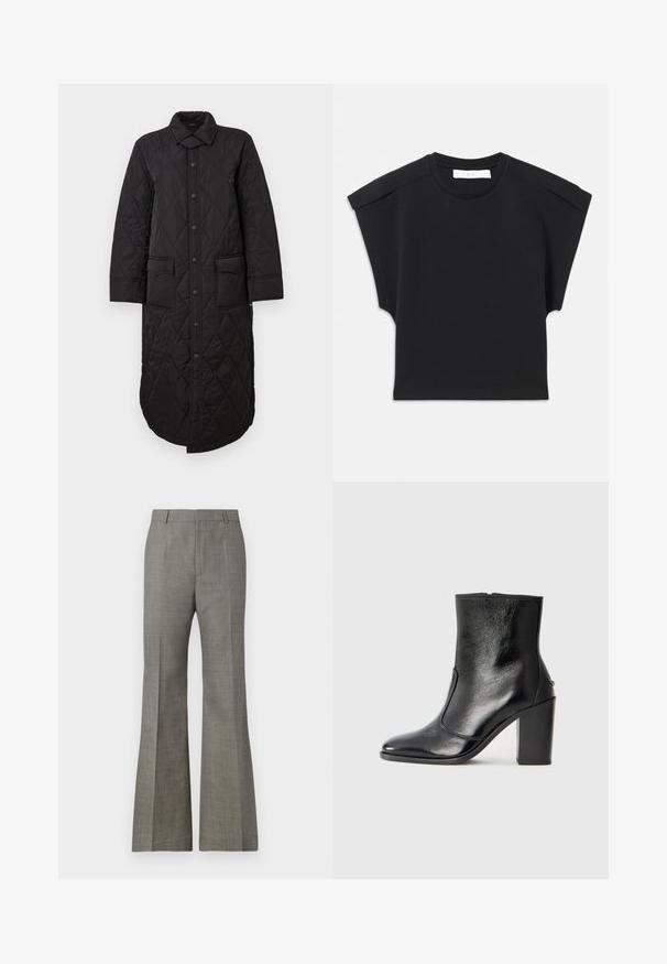 Black quilted long coat with a pointed collar, front button closure, and two patch pockets. Smooth texture with a diamond pattern.; Black short-sleeve top with a round neckline and shoulder detailing, laid flat on a white background.; Gray flared trousers made of textured fabric, featuring a tailored fit, subtle plaid pattern, and front creases for a refined appearance.; Black leather ankle boot with a smooth texture, pointed toe, and a chunky high heel. Features a side opening and minimalistic design.