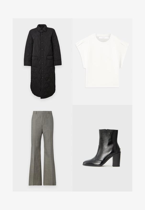 Crni duguljasti kaput s točkastim ovratnikom, prednjim kopčanjem na gumbe i dva zakrpa džepa. Glatka tekstura s dijamantnim uzorkom.; Bijela majica u kutijastom kroju s kratkim rukavima. Izrađena od glatkog materijala, sa okruglim izrezom i suptilnim naglascima na ramenima. Jednostavan dizajn.; Sive flare hlače od teksturiranog materijala, s krojem koji prianja uz tijelo, suptilnim kariranim uzorkom i prednjim pregibima za profinjen izgled.; Crna kožna čizma do gležnjeva s glatkom teksturom, špicastim vrhom i debelim visokim potpeticama. Ima bočni otvor i minimalistički dizajn.