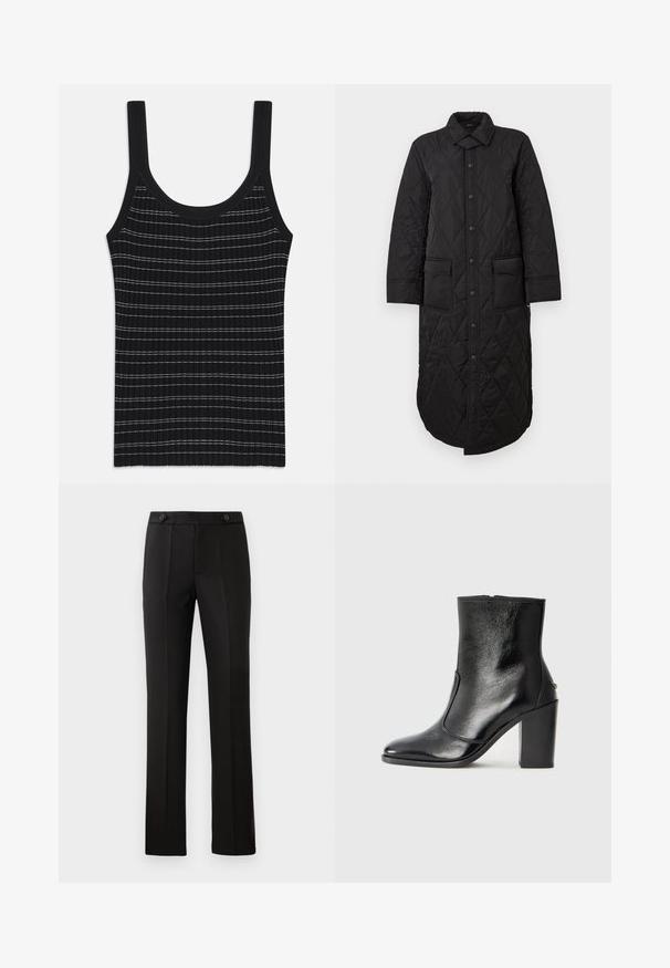 Fekete steppelt hosszú kabát, hegyes gallérral, elöl gombos záródással és két folt zsebbel. Sima textúra, gyémántmintával.; Fekete bordás ujjatlan felső vékony fehér csíkokkal, kerek nyakkivágással és széles pántokkal. Simogatós textúra, testhezálló fazon.; Fekete, szabott nadrág egyenes lábbal, két elülső zsebbel, gombos záródással és plisszé részletezéssel elöl. Simább anyagú textúra.; Fekete bőr bokacipő sima textúrával, hegyes orral és vastag, magas sarkával. Oldalnyílással és minimalista dizájnnal rendelkezik.