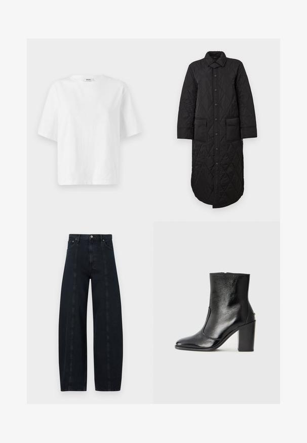 Melna izšūta garā mēteli ar norādītu apkakli, priekšējo pogu aizdari un divām kabatām. Gluda tekstūra ar dimanta rakstu.; Baltas īsās piedurknes T-krekls, kas izgatavots no kokvilnas, ar apaļu kakla izgriezumu un brīvu, kvadrātveida piegriezumu ar minimālām šuvju detaļām.; Platas kājas tumša denimā izgatavotas džinsas ar augstu jostasvietu, kas piedāvā kontrastējošas šuves un klasisku piecu kabatu stilu. Gluda tekstūra, bez redzamām rakstu zīmēm.; Melnas ādas potīšu zābaki ar gludu tekstūru, smailu purngalu un masīlu augstu papēdi. Iekļauts sānu atvērums un minimālistisks dizains.