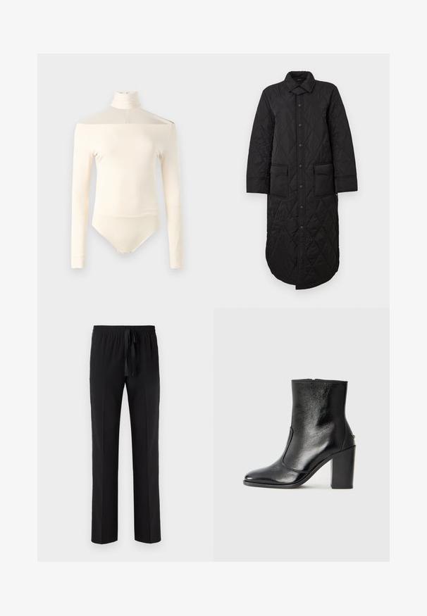 Melna izšūta garā mēteli ar norādītu apkakli, priekšējo pogu aizdari un divām kabatām. Gluda tekstūra ar dimanta rakstu.; Krems krāsas bodijs ar garām piedurknēm, augstu apkakli, bezplecu dizainu un gludu, elastīgu audumu, ar spiedpogu aizdari apakšā.; Melni bikses ar elastīgu jostu un regulējamu auklu, ar taisnu kājāmgājēju dizainu un gludu tekstūru. Nav rakstu vai akcentu.; Melnas ādas potīšu zābaki ar gludu tekstūru, smailu purngalu un masīlu augstu papēdi. Iekļauts sānu atvērums un minimālistisks dizains.