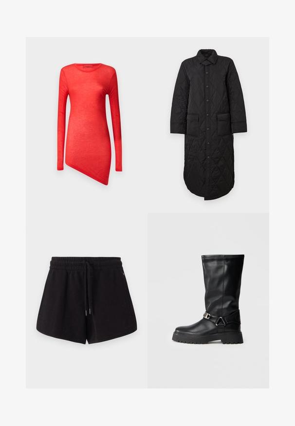 Black quilted long coat with a pointed collar, front button closure, and two patch pockets. Smooth texture with a diamond pattern.; Red long-sleeve top with an asymmetric hem, made from lightweight material. Smooth texture with a crew neckline and minimal seams.; Black athletic shorts made of soft fabric. Features an elastic waistband with drawstring, side pockets, and a relaxed fit.; Black knee-high boots made of smooth leather, featuring a buckle accent on the side and a thick, textured sole for grip.