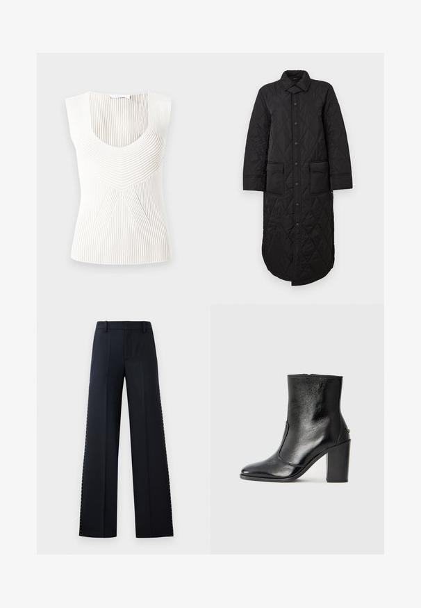 Juodas siuvinėtas ilgas paltas su smailiu apykakliu, priekyje mygtukų užsegimas ir dvi kišenės. Lygi tekstūra su deimanto raštu.; Bešaldžių baltas marškinėliai su grioveliais ir apvaliu iškirpimu. Yra vertikalios juostos ir geometrinis raštas centre.; Juodos plačios kojos kelnės. Priklausantis pritaikytam stiliui su lygiu paviršiumi. Papildyta metaliniais kaliukais šoninėse siūlėse kaip detalė.; Juodas odinis kulkšninis batas su lygiu paviršiumi, smailiu pirštu ir masyviu aukštu kulnu. Savybė - šoninis atidarymas ir minimalistiškas dizainas.