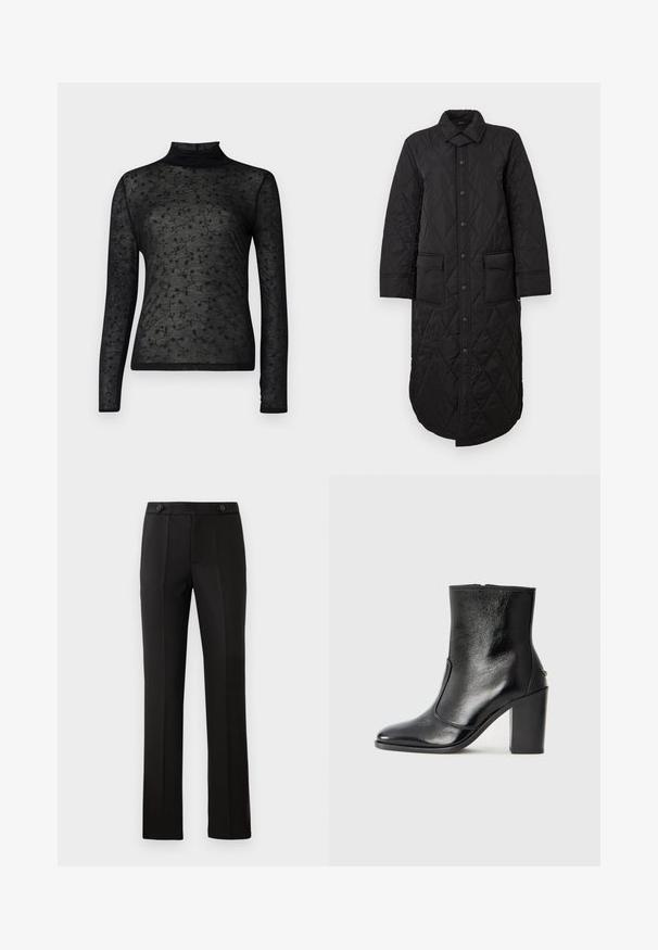 Casaco longo preto acolchoado com gola pontuda, fecho frontal com botões e dois bolsos de chapa. Textura suave com padrão de diamante.; Top preto de mangas longas com um colarinho alto, feito de tecido transparente com um padrão floral subtil e um design fino e texturizado.; Calças pretas ajustadas com perna reta, dois bolsos frontais, fecho com botão e detalhes de pregas na parte da frente. Textura de tecido suave.; Bota ankle preta em pele com uma textura suave, bico fino e um salto alto robusto. Apresenta uma abertura lateral e um design minimalista.
