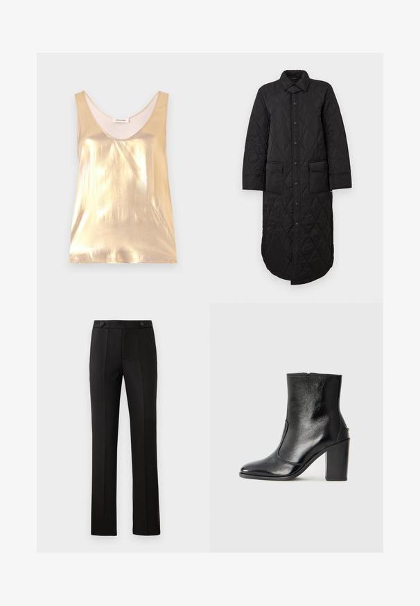 Mustan tikitud pikk mantel terava krae, esise nööbiga kinnitus ja kaks kleittaskut. Sile tekstuur diamantrikkaga.; Metallik kuldne ilma varrukateta särk sügava ümmarguse kaelusega. Sile tekstuur, sobiv disain ja pehme vooder.; Mustad kohandatud püksid sirge säärega, kahe esipocketiga, nup closure'iga ja volditud detailidega ees. Sile kangatekstuur.; Must kõvale nahast pahklipsu saapad, millel on sile tekstuur, terav varvas ja paks kõrge kann. Omab külgavatust ja minimalistlikku disaini.