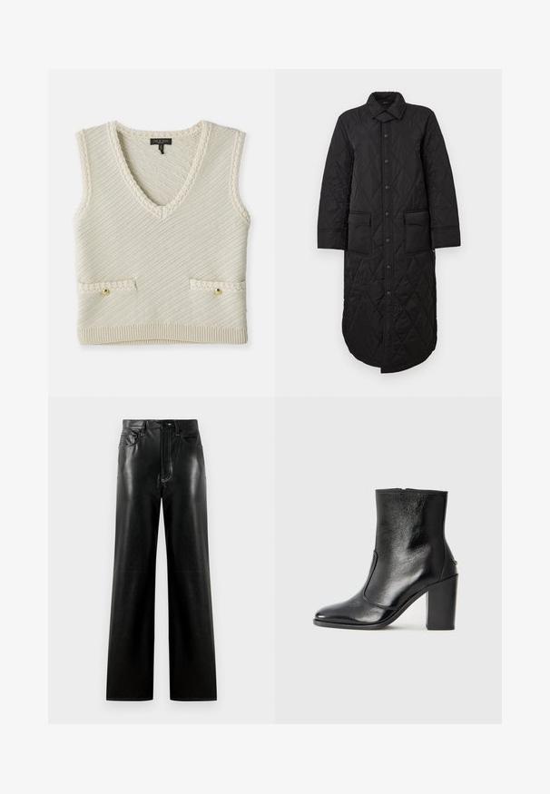 Sort vatteret lang frakke med en spidse krave, frontlukning med knapper og to påsyede lommer. Glat tekstur med et diamantmønster.; Strikket ærmeløs vest i creme med V-hals, der har diagonal tekstur, to forlommer med guldknapper og strikkede kantdetaljer.; Sorte læder brede bukser med en glat finish, der har en knap- og lynlåslukning, forlommer og kontrastsyning detaljer.; Sorte læder ankelstøvler med en glat overflade, spids tå og en chunky høj hæl. Har en sidelukning og minimalistisk design.