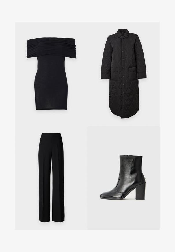 Čierny prešívaný dlhý kabát s špicatým golierom, predným zapínaním na gombíky a dvoma náprsními vreckami. Hladká textúra s diamantovým vzorom.; Čierne šaty bez ramienok s riaseným výstrihom, tesný strih a hladká textura. Minimalistický dizajn, dĺžka po kolená bez ďalších ozdôb.; Čierne široké nohavice s hladkým povrchom, s vysokým pásom a stredovými skladmi. Žiadne viditeľné vzory ani hardvérové detaily.; Čierna kožená kotníková obuv s hladkým povrchom, špicatou špičkou a masívnym vysokým podpätkom. Zdobená bočným otvorom a minimalistickým dizajnom.