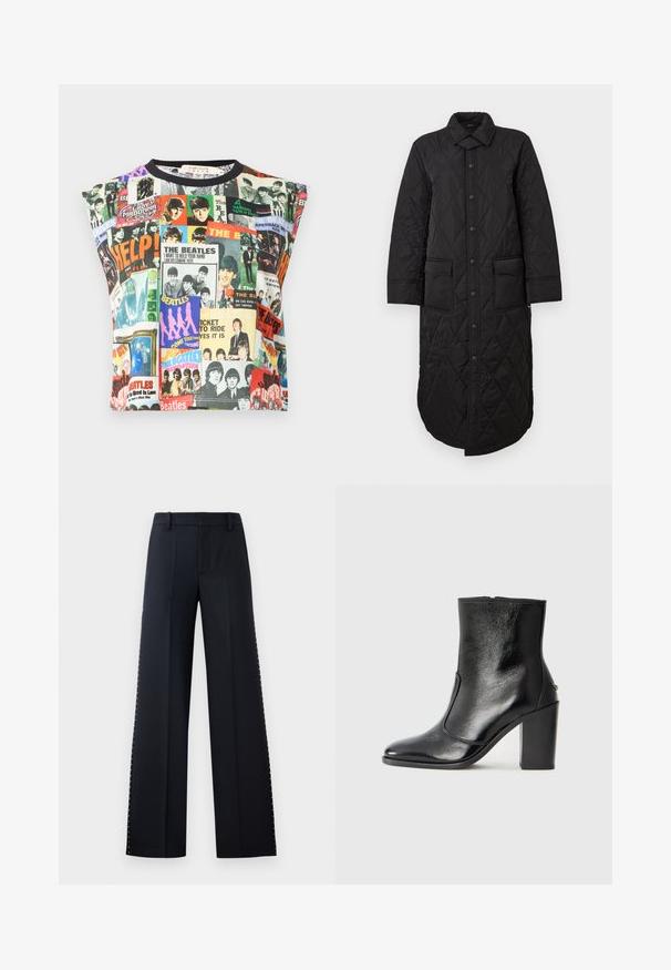 Črn prešit dolg plašč z ostrim ovratnikom, sprednjim gumbom za zapiranje in dvema žepoma. Gladka tekstura z diamantnim vzorcem.; Alice + Olivia MICAH MUSCLE TANK - Top - twist and shout; Široke hlače v črni barvi. Pristojen kroj z gladko teksturo. Imajo vrsto kovinskih žebljev ob straneh za dodatno podrobnost.; Črne usnjene gležnarske čevlje z gladko teksturo, koničastim nosom in debelim visokim petam. Imajo stransko odprtino in minimalističen dizajn.