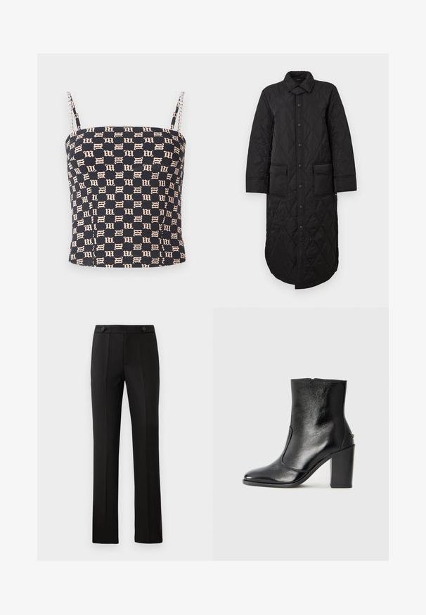 Schwarzer gesteppter langer Mantel mit spitzem Kragen, vorne mit Knopfverschluss und zwei aufgesetzten Taschen. Glatte Textur mit einem Diamantmuster.; MISBHV MONOGRAM SPAGHETTI - Top - black/beige; Schwarze maßgeschneiderte Hose mit geradem Bein, zwei vorderen Taschen, einem Knopfverschluss und unteren Falten vorne. Glatte Stofftextur.; Schwarze Leder-Stiefelette mit glatter Textur, spitzem Fuß und klobigem hohen Absatz. Verfügt über eine seitliche Öffnung und ein minimalistisches Design.
