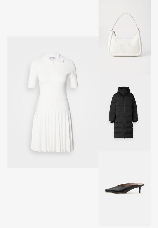 Doudoune noire avec capuche, présente une coupe longue et droite, des sections à piquages horizontaux et des poignets élastiques. Fermeture zippée à l'avant.; Robe polo blanche côtelée avec des manches courtes, fermeture éclair et jupe plissée. Texture lisse avec un léger logo sur la poitrine.; Mules en cuir noir avec un bout pointu et un petit talon carré. Texture lisse avec un design épuré. Dos ouvert avec un minimum de détails.; Sac à main en cuir blanc avec une forme courbée, arborant un logo "CK" embossé à l'avant et une seule bandoulière. Fermeture à glissière en haut.