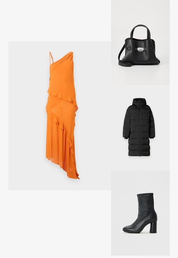 Black puffer coat with a hood, features a long, straight cut, horizontal quilted sections, and elastic cuffs. Zipper closure at the front.; Orange asymmetrical dress with an elegant draped design, featuring a ruffled accent and thin adjustable straps. Smooth texture, lightweight fabric.; Black mid-calf leather boot with a round toe and a chunky high heel, shown against a plain light gray background.; Black leather handbag with a textured finish, featuring two top handles, a detachable shoulder strap, and a silver clasp detail.