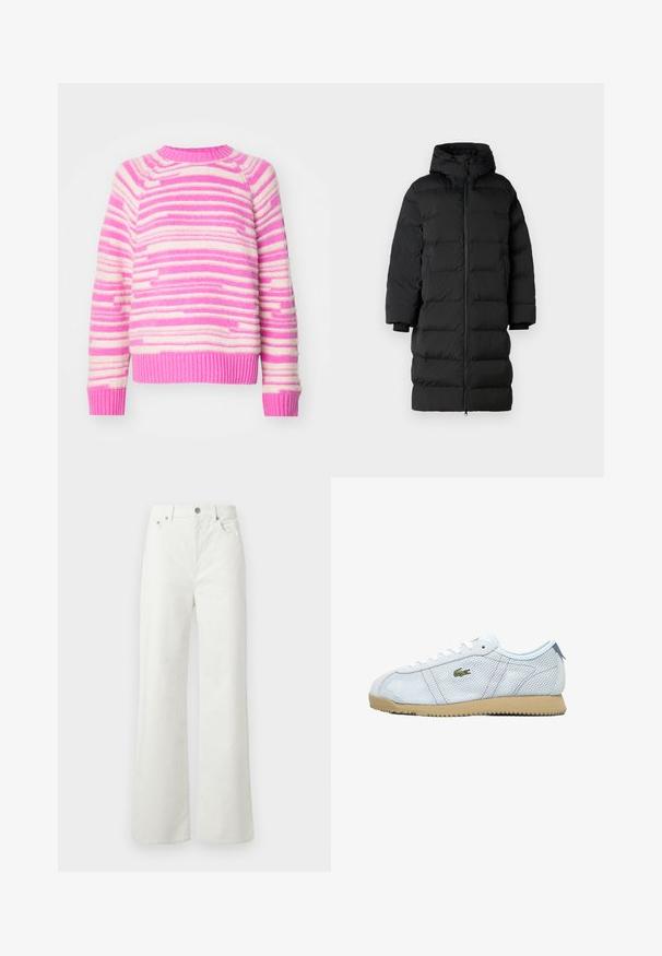 Zwarte pufferjas met capuchon, voorzien van een lange, rechte snit, horizontaal gestikte secties en elastische manchetten. Ritsluiting aan de voorkant.; Gebreid sweater met horizontale strepen in roze en roomkleur. Ribgebreide halslijn en manchet, zachte textuur en een comfortabele pasvorm.; Samsøe Samsøe SHELLY - Relaxed fit jeans - clear cream; Lichtblauwe netweave sneakers met een beige rubberen zool, witte veters en een groene logo detail. Beschikt over een ronde neus en gestructureerde zijkanten.