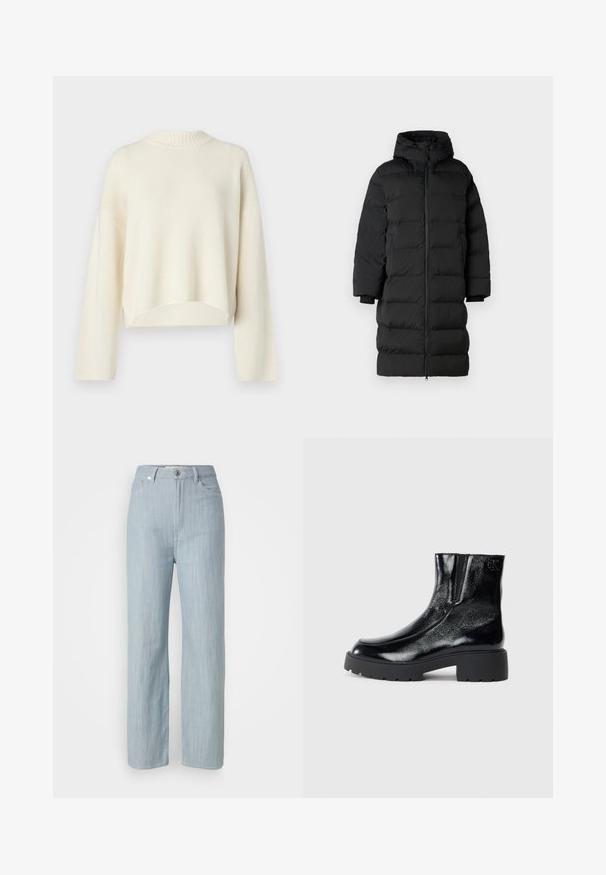 Musta puffatakki, jossa on huppu, pitkä suora leikkaus, vaakasuuntaiset tikkausosat ja joustavat hihansuut. Vetoketjusulku edessä.; Kermanvärinen neule, jossa on ribbattu pyöreä kaula-aukko, roikkuneet olkapäät, pitkät hihat ja lyhyt helma. Pehmeä neulepinta, yksinkertainen muotoilu.; Vaaleansiniset suorat farkut, jotka on valmistettu denimistä. Sisältää viisi taskua, metallinappikiinnityksen ja hienovaraisen kulutustekstuurin.; Mustat nilkkurit, joissa on kiiltävä patenttinahkafarba, paksu musta kumipohja ja korkeampi korko; sisältää hienovaraisen logon yksityiskohdan sivussa.