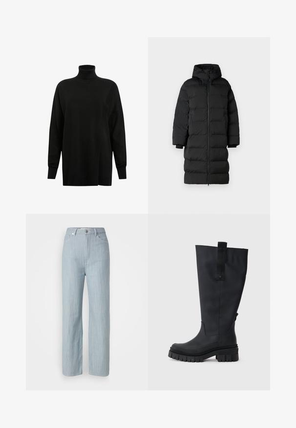 Fekete steppelt kabát kapucnival, hosszú, egyenes szabású, vízszintes steppelt részekkel és rugalmas mandzsettákkal. Elöl zipzárral záródik.; AllSaints BERN WRAP - Pulóver - black; Világoskék egyenes szárú farmernadrág. Öt zsebbel, fém gombos záródással és finom kopási hatással a textúra érdekében rendelkezik.; Fekete, térd fölé érő, gumibakancs vastag talppal, texturált tapadással, és szövethúzóval a tetején a könnyebb felhúzás érdekében. Simaság, matt felület.