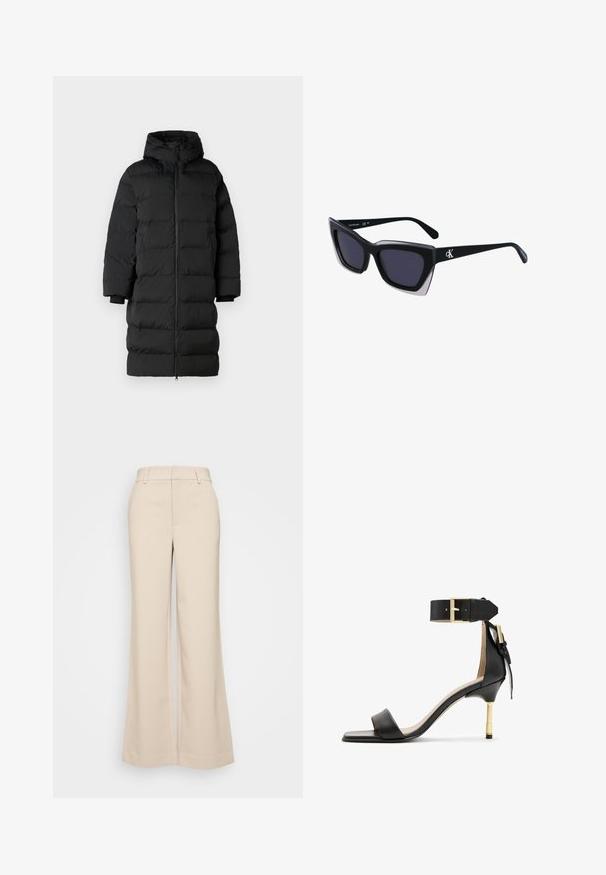 Musternatukate musta puffer jope, kapuutsiga, pikk ja sirge lõikega, horisontaalselt tikitud osadega ja elastsete mansettidega. Ees on lukuga sulgemine.; Must must t-särk lühikeste keeratud varrukatega, ümmarguse kaeluse ja punase etiketiga. Sile tekstuur, sobiv kuju minimaalsete detailidega.; Beeži laiad püksid sujuva tekstuuriga, kõrgendatud vöökoht ja kaks eesmist taskut. Puhtas disain, mis on kohandatud sobivusega.; Must musta kõrge kontsaga sandaal ruudukujulise varbaga, puusapael ja kuldse solgiga ning saledat metallist kontsaga. Sile tekstuur, minimalistlik disain.; Mustad suured mustad prillid geomeetrilise kujuga, tumedate läätsedega ja kontrastse halli detailiga raamidel. Logo käe peal.