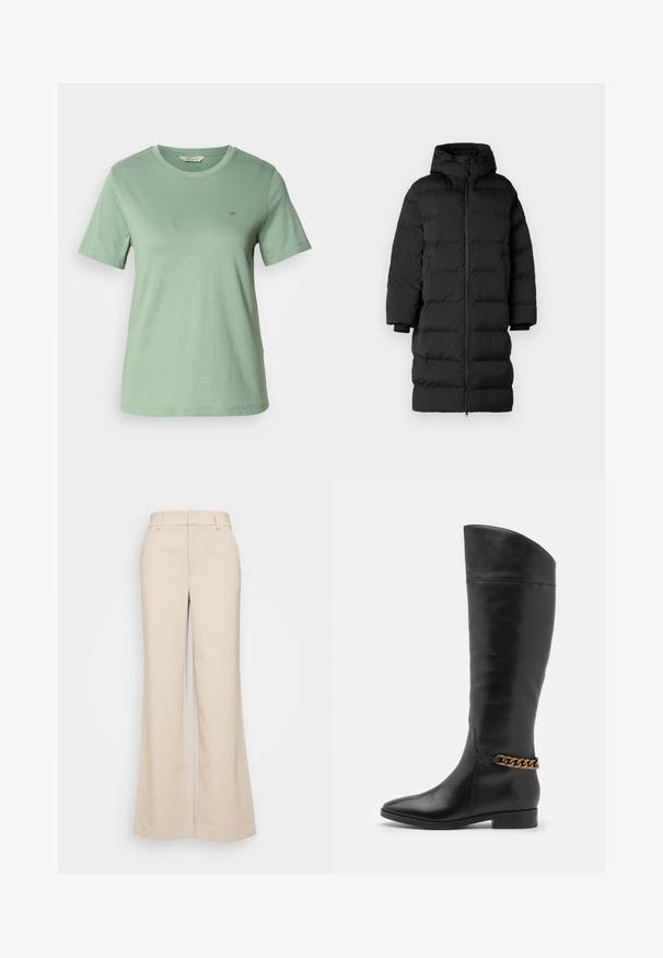 Black puffer coat with a hood, features a long, straight cut, horizontal quilted sections, and elastic cuffs. Zipper closure at the front.; Light green short-sleeve T-shirt made of soft cotton. Round neckline and a small embroidered logo on the left chest. Smooth texture.; Beige wide-leg trousers with a smooth texture, featuring a high waistband and two front pockets. Clean design with a tailored fit.; Tall black leather boots with a sleek design, pointed toe, and a gold chain accent at the ankle. Low block heel. Smooth texture.