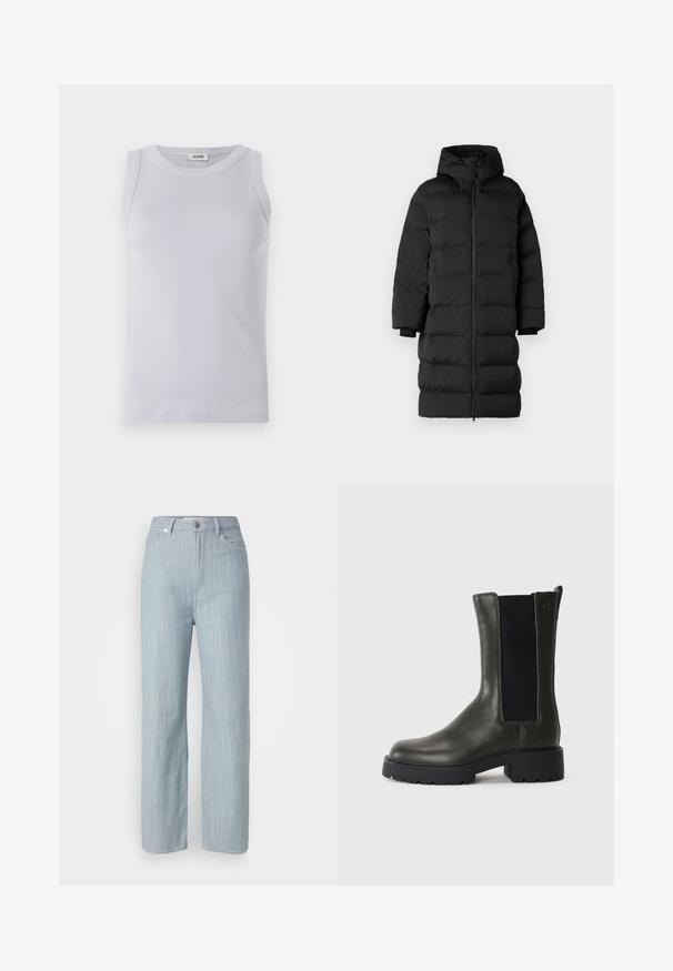 Črni puhovka s kapuco, ima dolg, raven kroj, vodoravno prešite sekcije in elastiko na manšetah. Zadrga na sprednji strani.; Svetlo modra rebrasta majica brez rokavov z zaobljenim izrezom. Gladka tekstura in dizajn brez rokavov, z diskretno oznako blagovne znamke na izrezu.; Svijetloplave traperice ravnog kroja. Imaju pet džepova, metalno kopčanje na dugme i suptilno izbjeljivanje za teksturu.; Zelena usnjena gležnjarja z elastikami na straneh, zaokroženo obliko prsta in gumijastim podplatom. Ima teksturirano površino in blok peto.