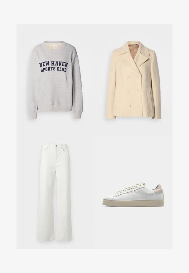 Διπλόκλειστο μπεζ παλτό από μαλλί με αιχμηρές παγιέτες, έντονη ραφή, πλαϊνές τσέπες και υφαντό ύφασμα. Επενδεδυμένο εσωτερικό.; Φωτεινό γκρι φούτερ από βαμβακερό μείγμα, με ναυτικό μπλε κείμενο "NEW HAVEN SPORTS CLUB" στο στήθος. Ραμμένα μανίκια και ύψος.; Samsøe Samsøe SHELLY - Τζιν χαλαρής εφαρμογής - clear cream; Λευκά δερμάτινα sneakers με λεία επιφάνεια, μπεζ σουέτ λεπτομέρειες, στρογγυλή μύτη, επίπεδη σχέδια δέσιμο και υφασμένη καουτσούκ σόλα.