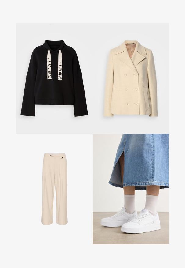 Dvojitě splývavý béžový vlněný kabát s špičatými klopami, výrazným prošíváním, bočními kapsami a texturovaným materiálem. Podšitá vnitřní část.; Černá mikina s dlouhými rukávy a vysokým límcem, široké bílé šňůrky s černými abstraktními vzory.; Béžové kalhoty širokého střihu s plochým předním dílem, dvěma postranními kapsami, zapínáním na knoflík a sklady pro přidanou texturu a design.; Bílé tenisky s texturovanou kůží, s platformovou podrážkou, kulatou špičkou a šněrováním; doplněné o světle šedé ponožky a džínovou sukni.