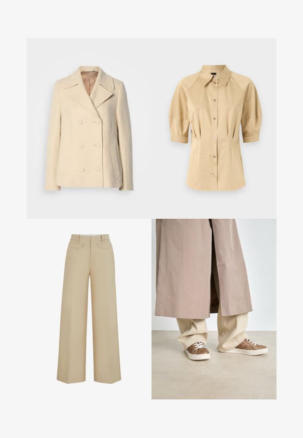 Double-breasted beige wool coat with peak lapels, prominent stitching, side pockets, and textured fabric. Lined interior.; Beige button-up shirt with short puff sleeves, a spread collar, and seam detailing. Made of smooth fabric with front button closure.; BOSS TAFELI - Trousers - patterned one; Beige trench coat over light beige wide-leg pants. Brown sneakers with a textured pattern and white laces. Smooth, minimalist floor.