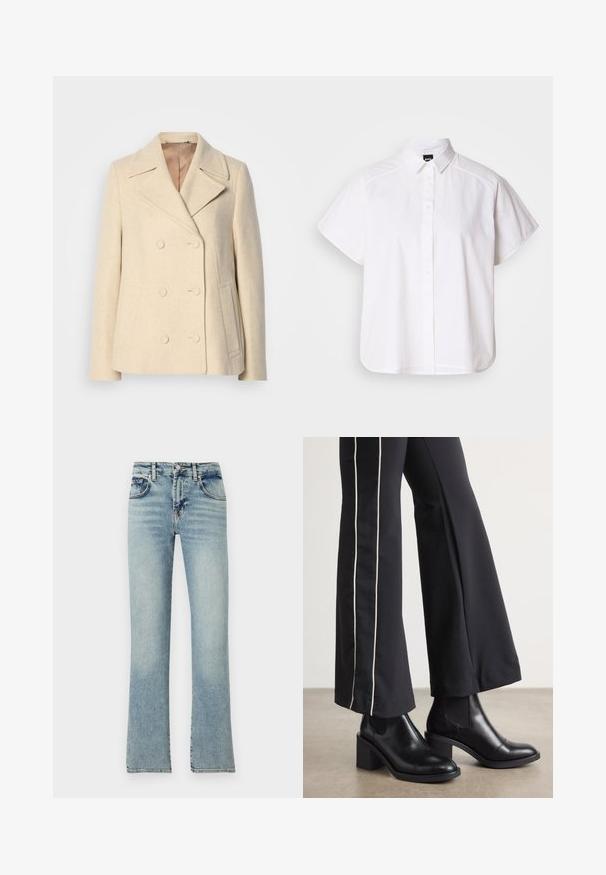 Cappotto in lana beige doppiopetto con rever a punta, cuciture in evidenza, tasche laterali e tessuto testurizzato. Interno foderato.; Camicia bianca a maniche corte con colletto a punta e orlo curvo. Realizzata in cotone con una texture liscia e senza motivi visibili.; Jeans in denim azzurro chiaro con design a gamba svasata, dotati di cinque tasche, passanti per cintura e una finitura sbiadita.; Stivaletti in pelle nera con tacco a blocco, dotati di pannelli elastici sui lati. Abbinati a pantaloni neri con una striscia bianca laterale.