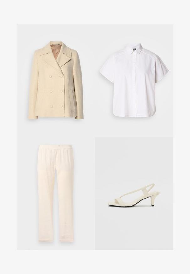 Double-breasted beige wool coat with peak lapels, prominent stitching, side pockets, and textured fabric. Lined interior.; White short-sleeve button-up shirt with a pointed collar and curved hem. Made from cotton with a smooth texture and no visible patterns.; Light beige trousers with an elastic waistband, featuring a straight leg design and smooth texture, made from lightweight fabric.; Beige block-heeled sandals with thin straps and a square toe. Smooth material with minimal detailing, designed for easy wear.