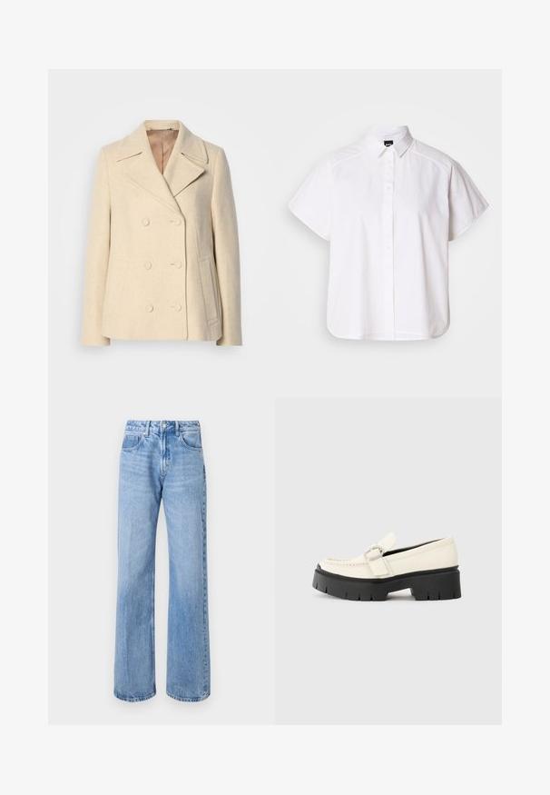 Topelt rinnaga beež villane mantel, millel on teravad kraed, silmapaistvad õmblused, küljetaskud ja tekstureeritud kangas. Voorditud sisemus.; Valge lühikeste varrukatega nööpidega särk, millel on terav krae ja kõver hems. Valmistatud puuvillast, millel on sile tekstuur ja nähtamatud mustrid.; Heledad sinine lai suuäärtega teksapüksid, mis on valmistatud denimist, kõrge vöökoht, viie tasku disain ja kerge kulumine. Hõbedane nupp ja lukk.; Valge nahast loafer, millel on massiivne must platvormi tald, neljakandiline hõbedane pandla ja nähtavalt õmblusdetail ülaserval.