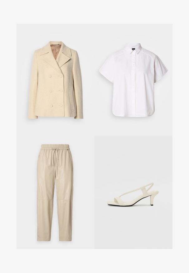 Beige Wolle Doppeltbreasted Mantel mit Spitzenrevers, auffälligen Nähten, Seitentaschen und strukturiertem Stoff. Gefüttertes Innere.; Weißes kurzärmliges Hemd mit Knopfleiste, spitzem Kragen und abgerundetem Saum. Hergestellt aus Baumwolle mit glatter Textur und ohne sichtbare Muster.; Beige Jogginghosen aus glänzendem, glattem Material. Sie verfügen über einen elastischen Bund mit Kordelzug, Seitentaschen und schmal zulaufende Beine.; Beige Blockabsatzsandalen mit dünnen Riemen und quadrater Spitze. Glattes Material mit minimalem Design, entworfen für einfaches Tragen.