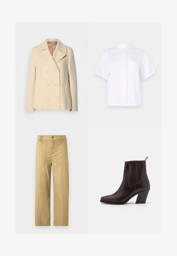 Többgombos bézs gyapjú kabát csúcsos hajtókával, hangsúlyos varrással, oldalsó zsebekkel és textúrált anyaggal. Bélelt belső.; Rövid ujjú, sima anyagból készült fehér ing, hegyes gallérral és zöld díszgombbal ellátott gombolással.; Beige színű pamut cargo nadrág magas derékkal, két elülső zsebbel és laza szabással. Elöl csattal és cipzárral záródik.; Sötétbarna bőr bokacsizma hegyes orral, oldalt függőleges bordázott részletekkel és közepes magasságú tömbsarkúval.
