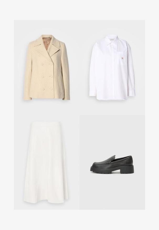 Divkārtīgs bēšu vilnas mētelis ar asiem klājiem, izteiktām šuvēm, sānu kabatām un teksturētu audumu. Iekšpuse ar oderi.; Balta kokvilnas krekls ar garām piedurknēm, krūšu kabata un neliels CK logo uz kabatas. Gluda tekstūra un pielāgota piegriezuma.; Balta A formas svārki, kas izgatavoti no gludas auduma, ar augstu jostasvietu un smalkām šuvju detaļām, kas virzās uz flared apakšu.; Melnas ādas mokasīni ar noapaļotu purngalu, biezs teksturēts zoles un minimālas dūriena detaļas. Gluds dizains bez redzamām auklām vai metāla elementiem.