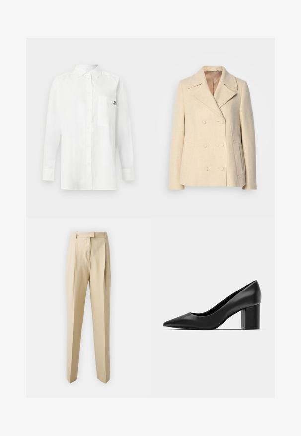 Dvigubos skilties smėlio spalvos vilnos paltas su smailiomis apykaklėmis, akcentuota siuvinėjimu, šoninėmis kišenėmis ir tekstūriniu audiniu. Išklijuotas vidus.; Balta ilgomis rankovėmis marškiniai, pagaminti iš medvilnės ir sintetinio pluošto mišinio, su mygtukų priekyje, kišenė ir mažas juodas logotipas ant krūtinės.; Smėlio spalvos dailiai pritaikyti kelnių modeliai su tiesiu kirpimu, su raukšlėmis, liemens juosta ir lygiu paviršiumi. Nėra matomų kišenių ar puošmenų.; Juodas odinis batelis su smailiu pirštu ir storu kvadratiniu kulnu. Lygus paviršius, paprastas dizainas, tinkantis oficialioms aplinkoms.