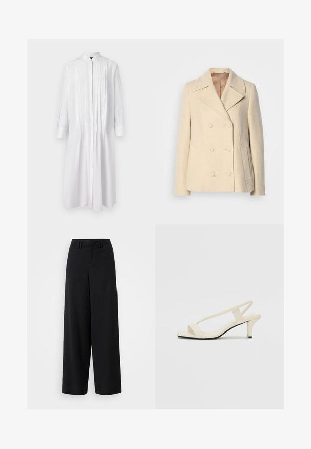 Dwurzędowy beżowy płaszcz wełniany z wyłogami, widocznym przeszyciem, bocznymi kieszeniami i teksturowanym materiałem. Podszewka wewnętrzna.; Biała sukienka koszulowa z długim rękawem, kołnierzykiem, plisowanym przodem i zapięciem na guziki, wykonana z gładkiego materiału. Minimalistyczny design.; Czarne spodnie szerokie o gładkim materiale, z prostym przodem, plisowanymi detalami i szlufkami na pasek w talii.; Beżowe sandały na blokowym obcasie z cienkimi ramiączkami i kwadratowym noskiem. Gładki materiał z minimalną ilością detali, zaprojektowane z myślą o łatwym zakładaniu.
