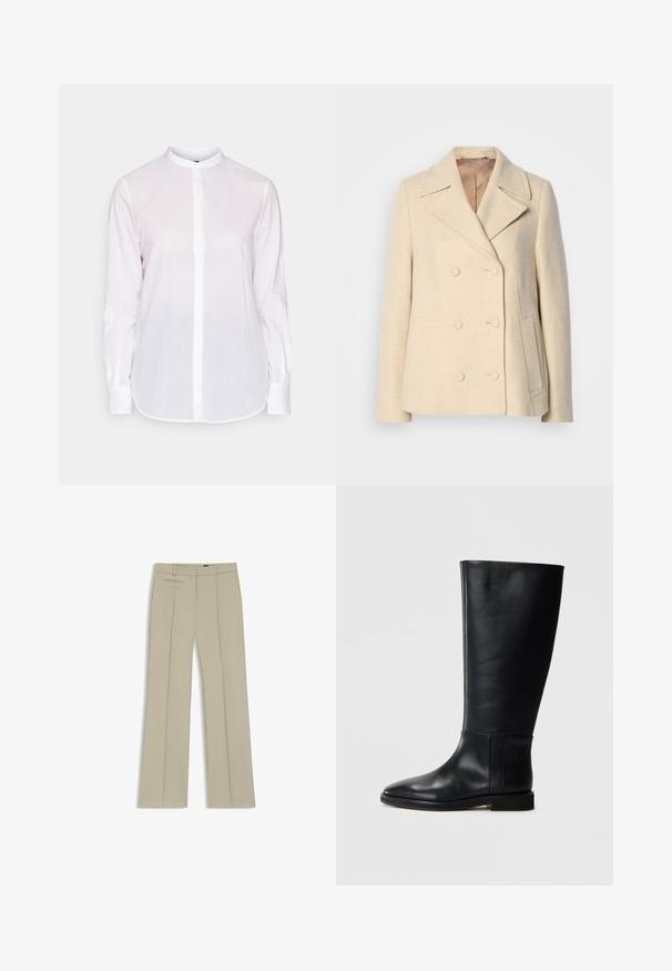 Beige Wolle Doppeltbreasted Mantel mit Spitzenrevers, auffälligen Nähten, Seitentaschen und strukturiertem Stoff. Gefüttertes Innere.; Weißes Langarmhemd mit Mandarin-Kragen, Knopfleiste vorne und leicht abgerundetem Saum. Hergestellt aus leichtem, strukturiertem Stoff.; Beige maßgeschneiderte Hosen mit weitem Bein, vorderen Falten, zwei horizontalen Seitentaschen und einem glatten, leicht strukturierten Stoff.; Schwarze Lederstiefel bis zum Knie mit runder Zehenform, glatter Textur, minimalistischem Design und flacher Sohle. Einfache Nahtdetails am Schaft.