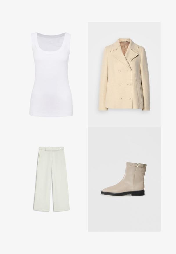 Manteau en laine beige croisé avec revers en pointe, coutures apparentes, poches latérales et tissu texturé. Intérieur doublé.; Débardeur sans manches blanc en tissu lisse, doté d'un col rond et d'une silhouette ajustée. Pas de motifs ou d'accents visibles.; Pantalons à jambes larges en tissu crème clair, dotés de poches latérales, d'un devant plat et d'une fermeture à un bouton à la taille. Texture lisse.; Bottes en cuir beige à la cheville avec un bout pointu, semelle noire, talon bas et une sangle à boucle dorée sur le côté externe, présentées sur un fond blanc.