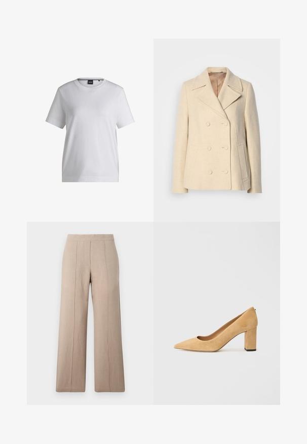Többgombos bézs gyapjú kabát csúcsos hajtókával, hangsúlyos varrással, oldalsó zsebekkel és textúrált anyaggal. Bélelt belső.; Fehér pamut póló kerek nyakkivágással, rövid ujjal és laza szabással. Kicsi márkajelzés található a gallér közelében.; Beige széles szárú nadrág könnyű anyagból, elülső plissékkel, sima derékkal és egyenes vonalú, tiszta szegéllyel.; Beige velúr magassarkú cipő, hegyes orral és tömzsi sarokkal. Az anyag puha tapintású, sima felületű.